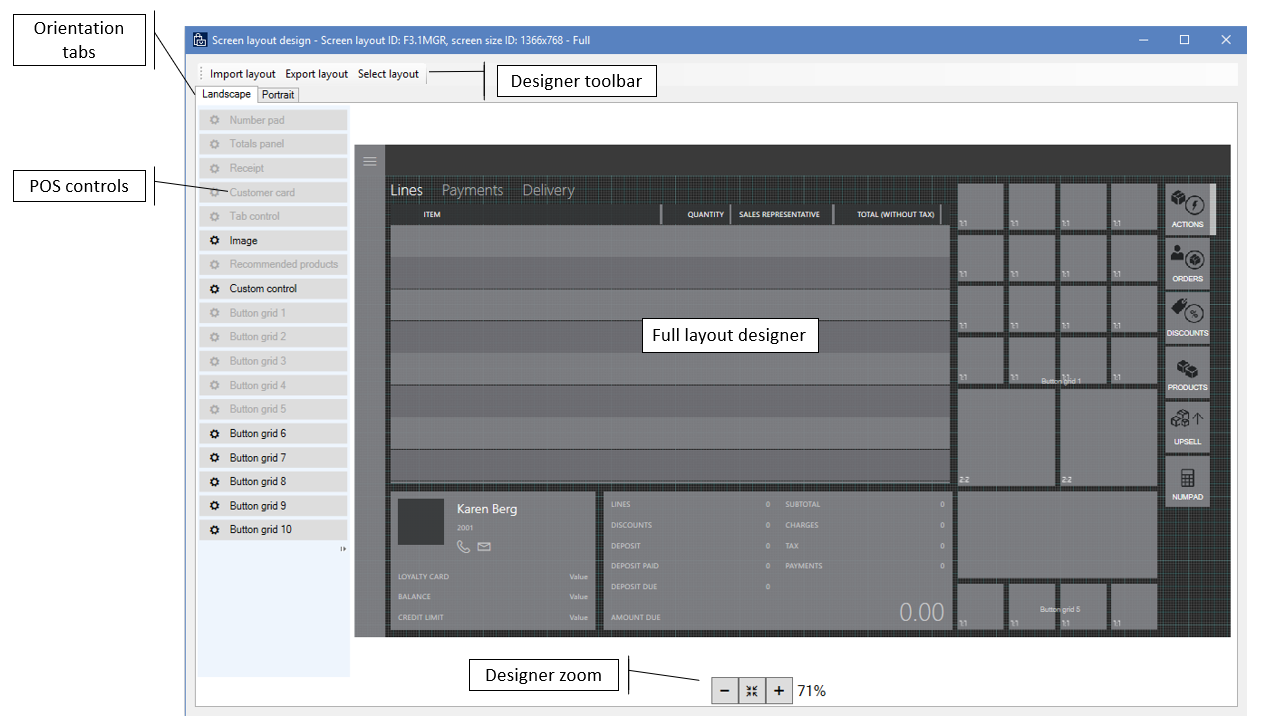 Fuld layoutdesigner til POS (liggende tilstand).