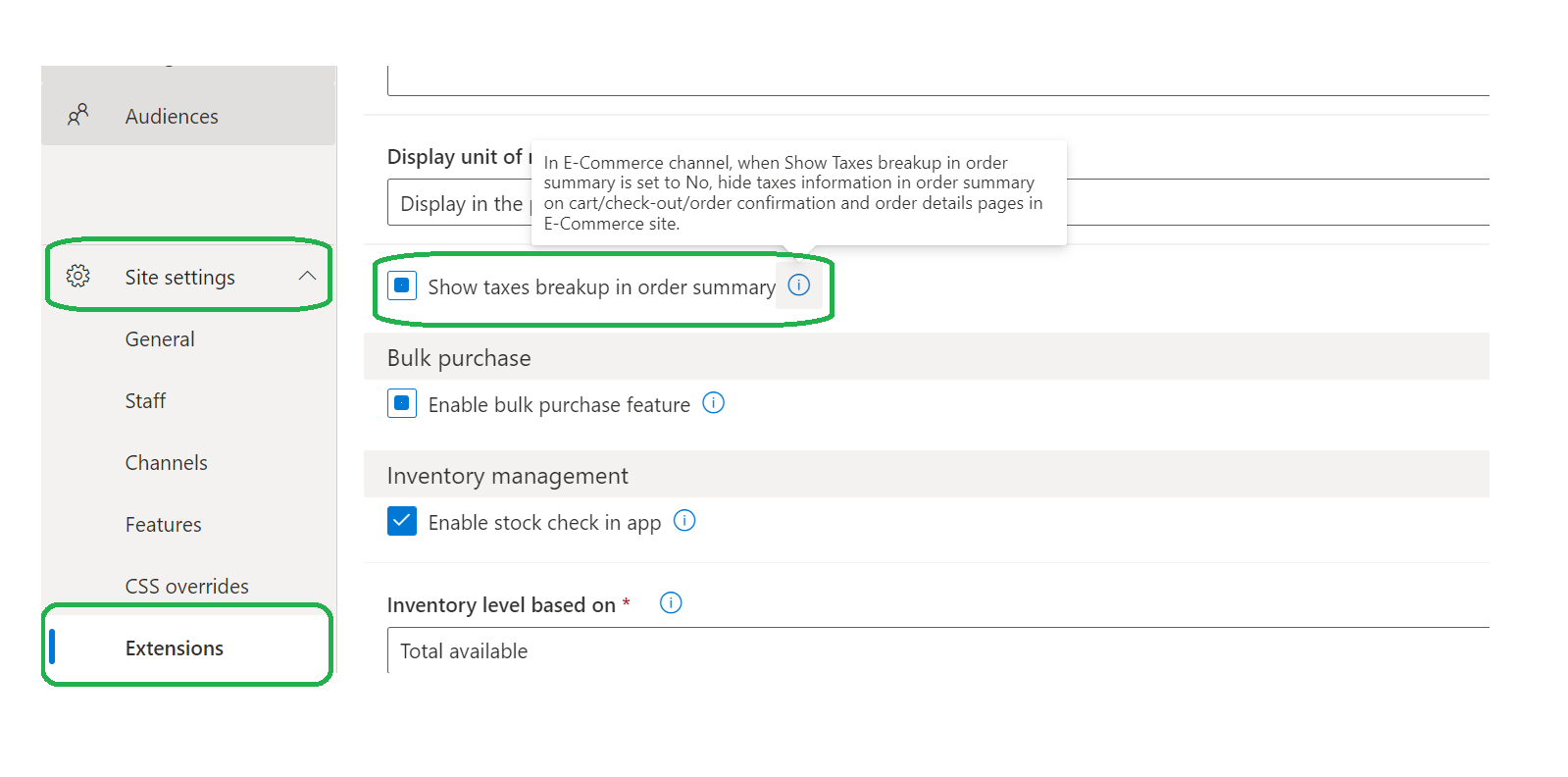 Indstillingen Vis momsopsummering i ordreoversigt er som standard aktiveret i Site Builder.