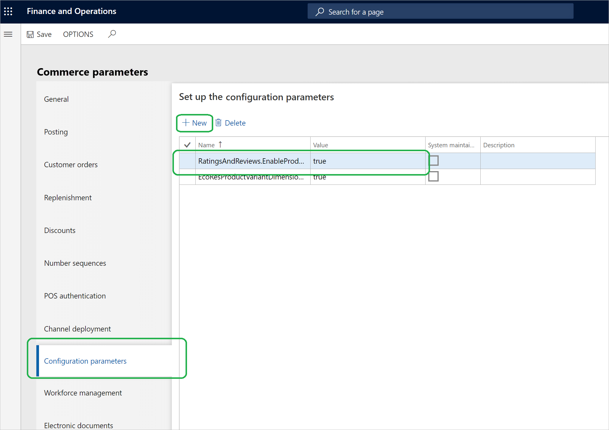 Konfiguration af Commerce-parametre for produktvurderinger ved POS.