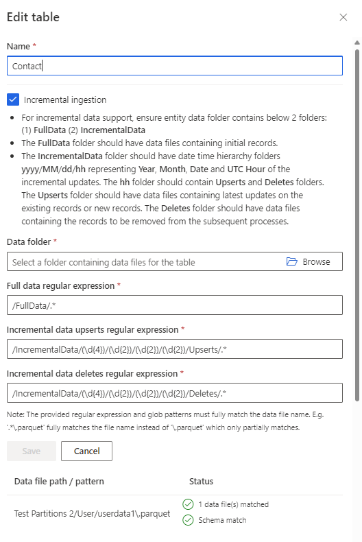 Konfigurere tabeller i en datakilde til trinvis opdatering.