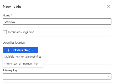 Dialogboks til oprettelse af en ny tabel, hvor placeringen af datafiler er fremhævet.