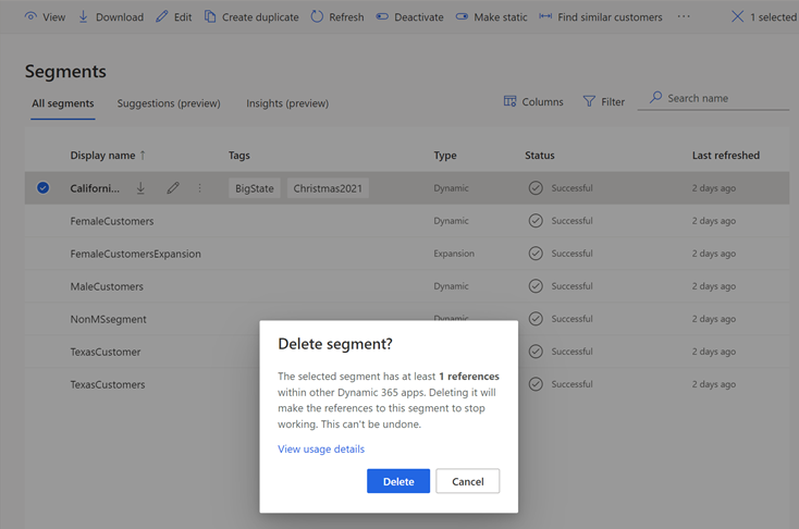 Dialogboks til bekræftelse af sletning af et segment, når der bruges et segment i et Dataverse-program.