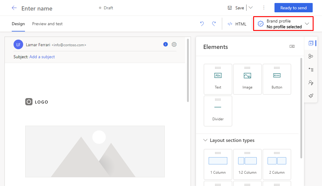 Vælg en mærkeprofil i Customer Insights - Journeys-maildesigneren.