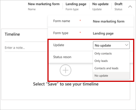 Ingen opdatering i indstillinger for marketingformular.