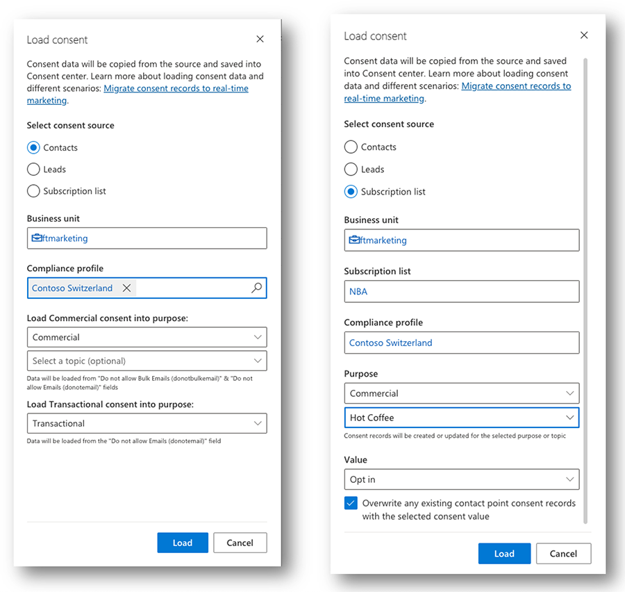 Sammenligning af indstillinger for kontakt versus abonnementsliste.