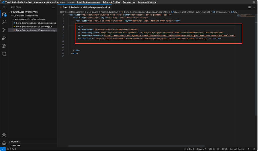 Skærmbillede, der viser, hvordan den oprettede kode indsættes i Visual Studio Code.