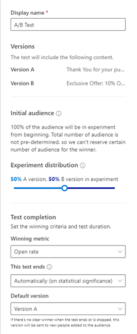 A/B-testpanel er konfigureret og klar til oprettelse af nye programmer