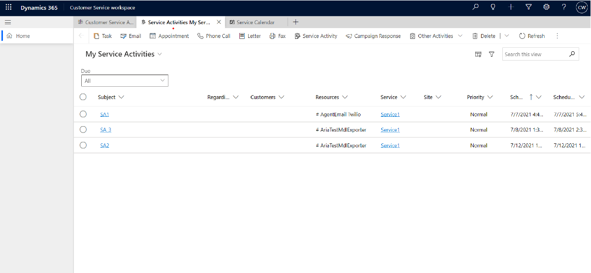 Se serviceaktiviteter i Customer Service workspace.