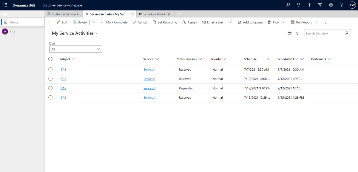 Se serviceaktiviteter i Customer Service workspace