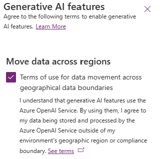 Skærmbillede af Power Platform Administration generative AI-funktioner.