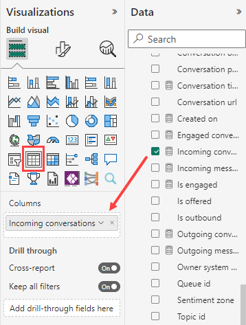 Skærmbillede af tilføjelse af en tabelvisualisering i en rapport i den integrerede Power BI-editor.