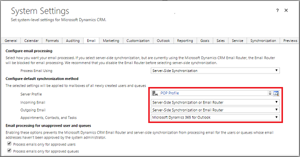 Systemindstillinger for synkronisering på serversiden.