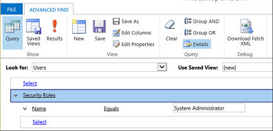 Dialogboksen Avanceret søgning i Dynamics 365 Customer Engagement (on-premises).