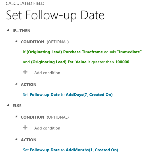 Angiv opfølgningsdato If-Then & Else i Dynamics 365 for Customer Engagement.