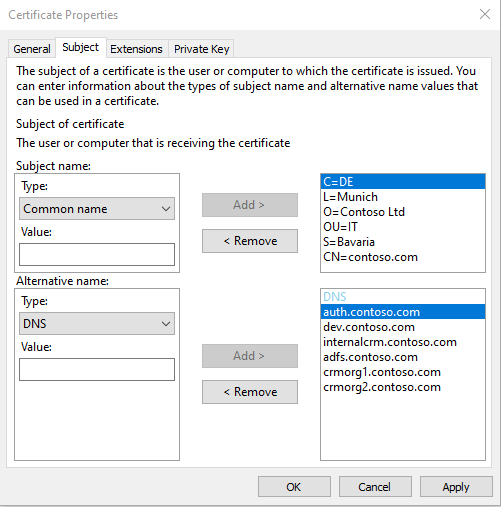 Eksempler på certifikatemne og alternative navne