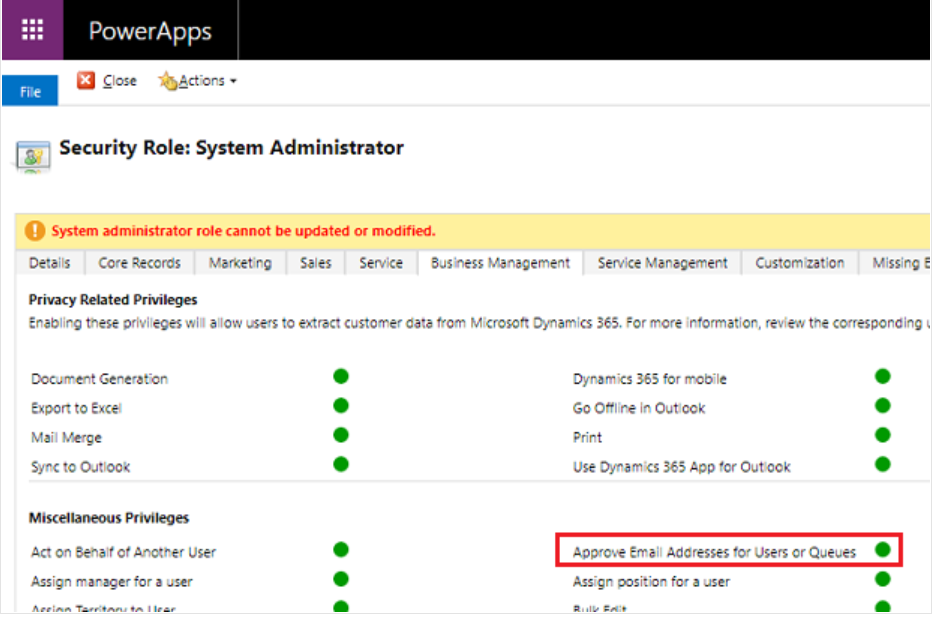 Skærmbillede af tilføjet godkendelse af mailadresser i Power Platform Administration.