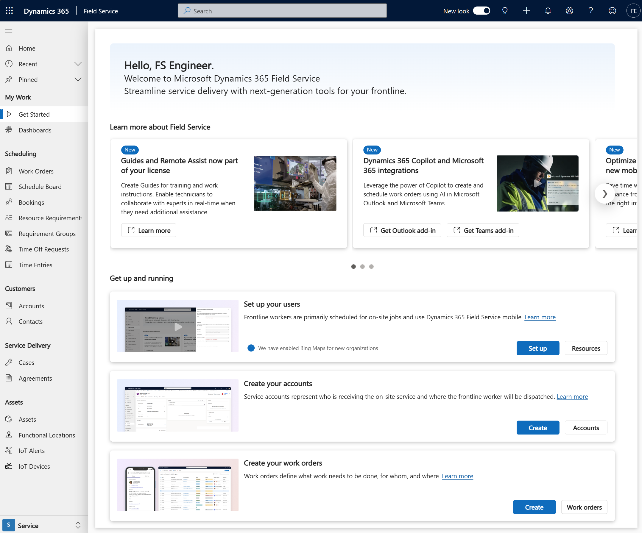 Skærmbillede af siden Introduktion i Dynamics 365 Field Service med en fremhævning af navigationselementet.