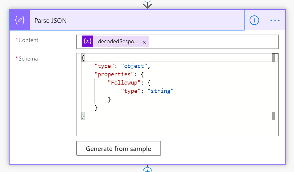 Skærmbillede af afsnittet Fortolk JSON i Power Automate-flowet, der viser skemafeltet udfyldt med ovenstående kodestykke.