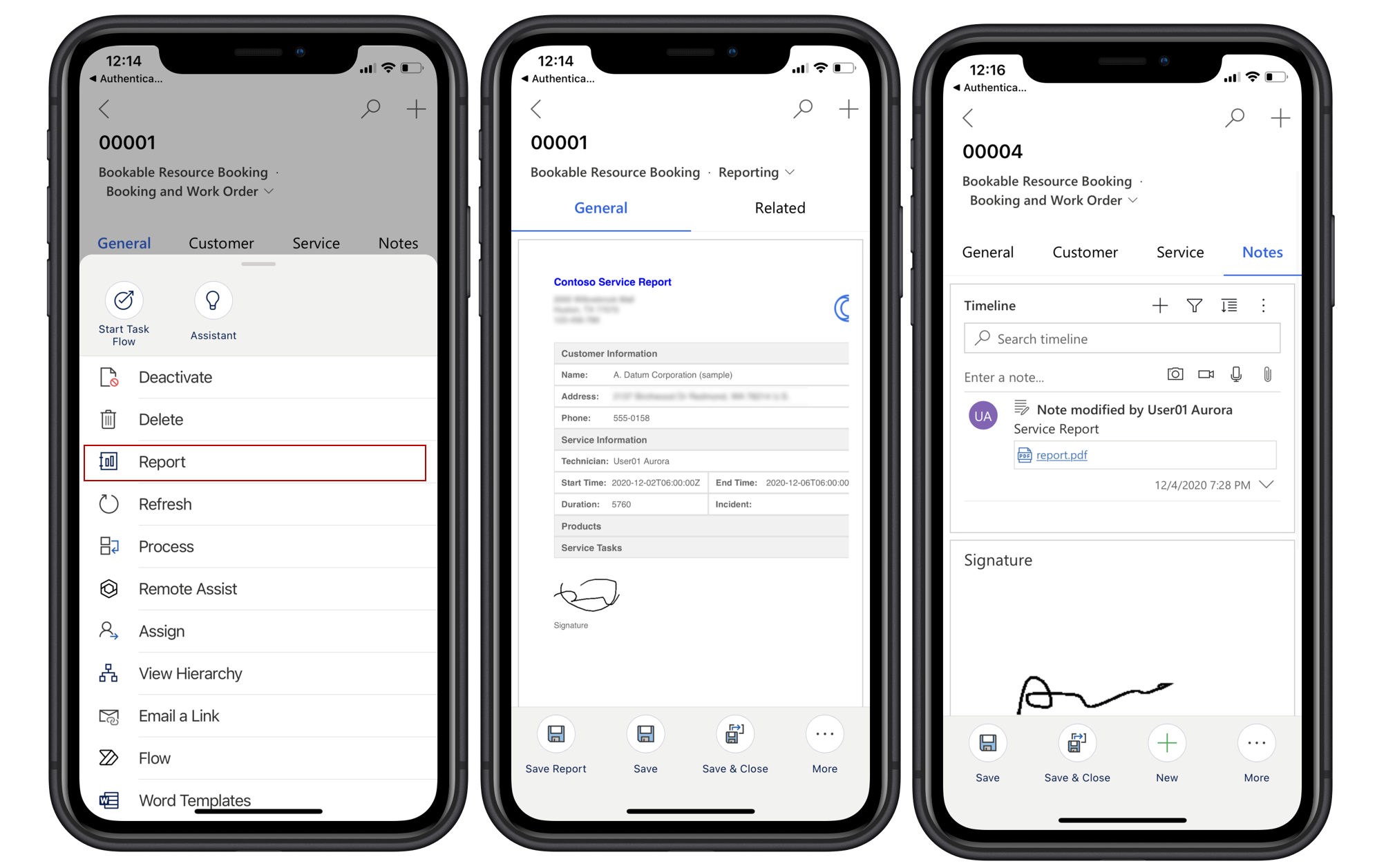 Skærmbillede af rapporteringsoplevelse i mobilappen Field Service.