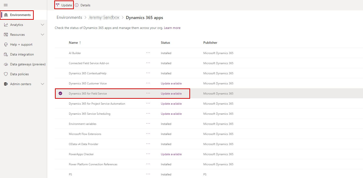 Skærmbillede af Dynamics 365-apps i Power Platform Administration.