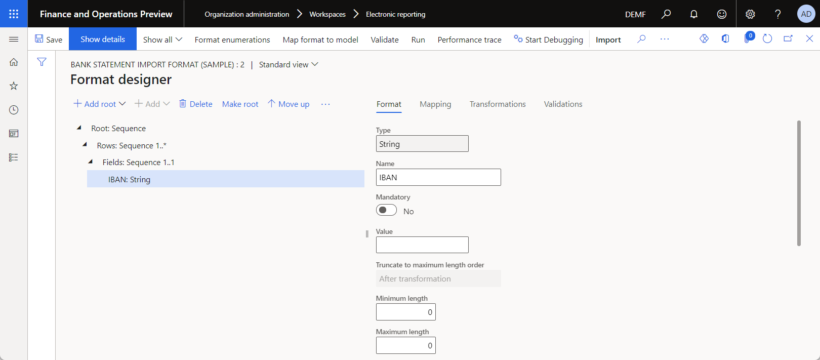 Formatkonfigurationen Importformat for bankkontoudtog (eksempel) på siden Formatdesigner.