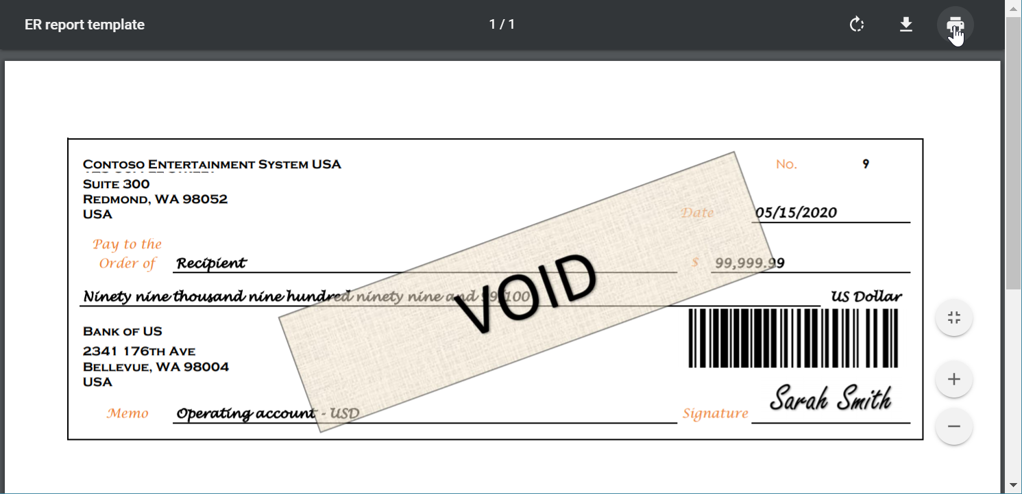 Forhåndsvisning af PDF-dokument med betalingscheck.