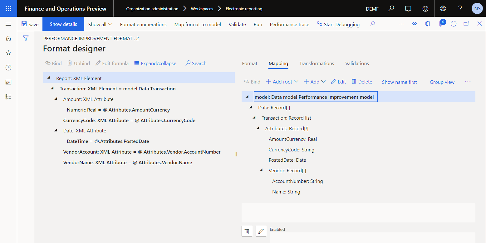 Formatere datakilder og konfigurerede bindinger af formatelementer på formatdesignsiden.