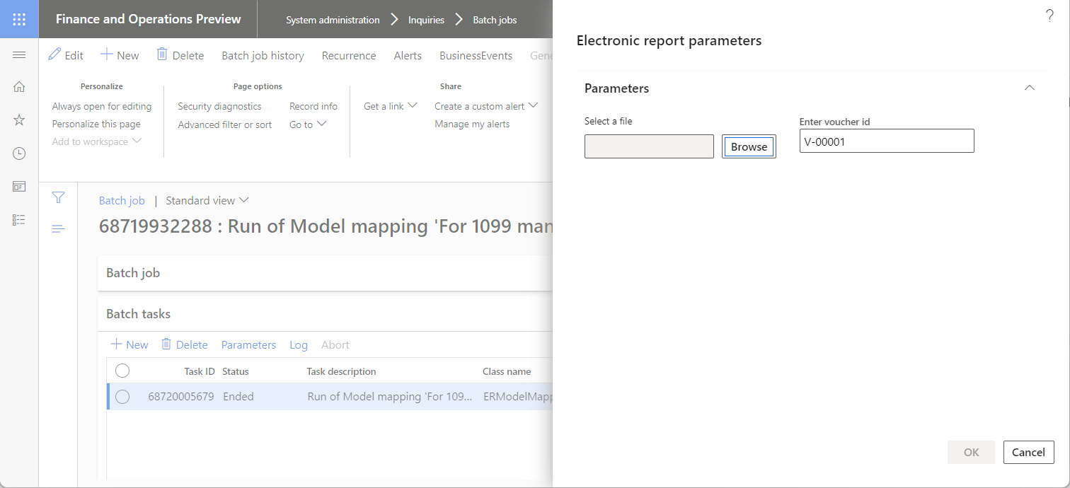 Ændring af parametrene for dataimporten for det planlagte batchjob i dialogboksen Parametre til elektronisk rapportering.