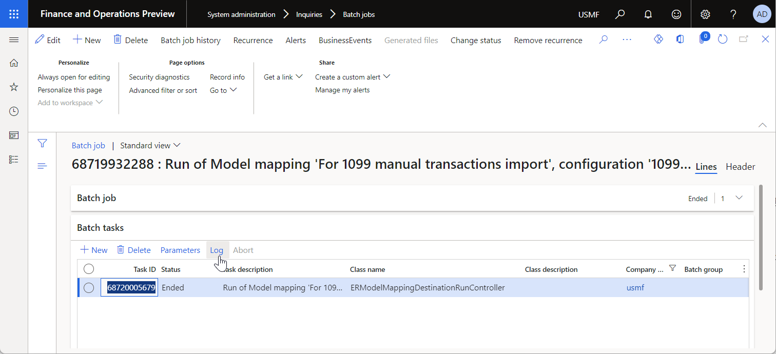 Knappen Log på siden Batchjob.