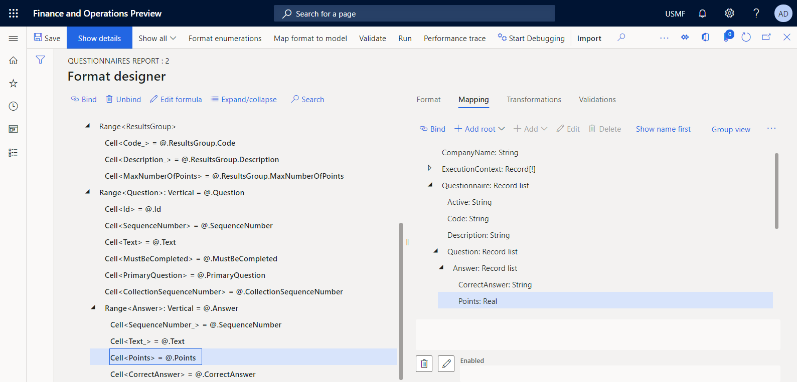 Konfigurerede databindinger i ER-operationsdesigneren.