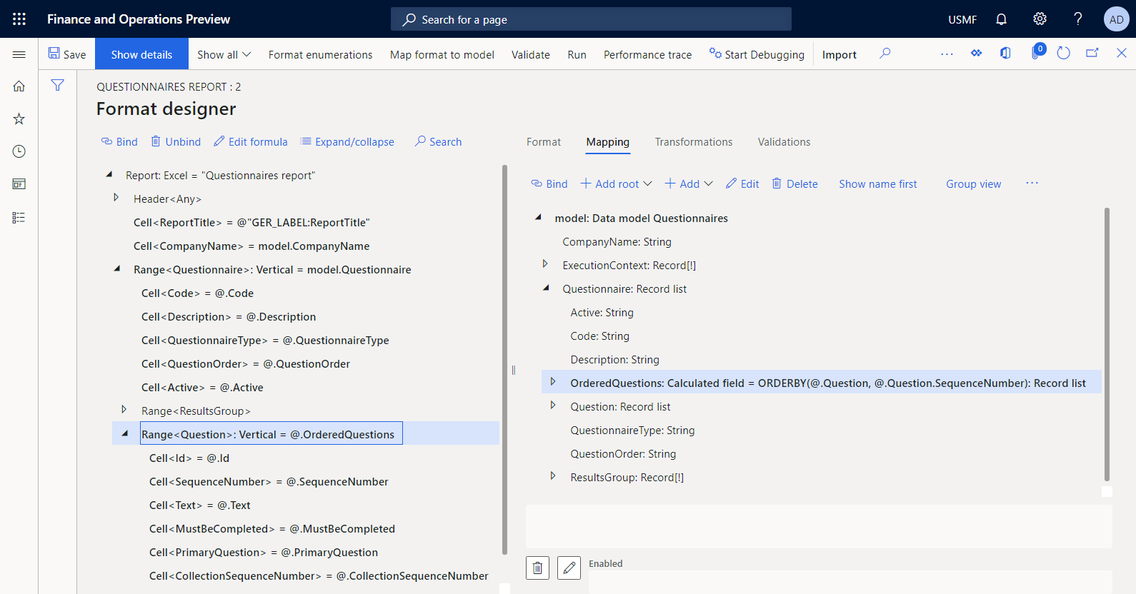 Binding af formatelementet Spørgsmål til den konfigurerede datakilde for OrderedQuestions i ER-operationsdesigneren.