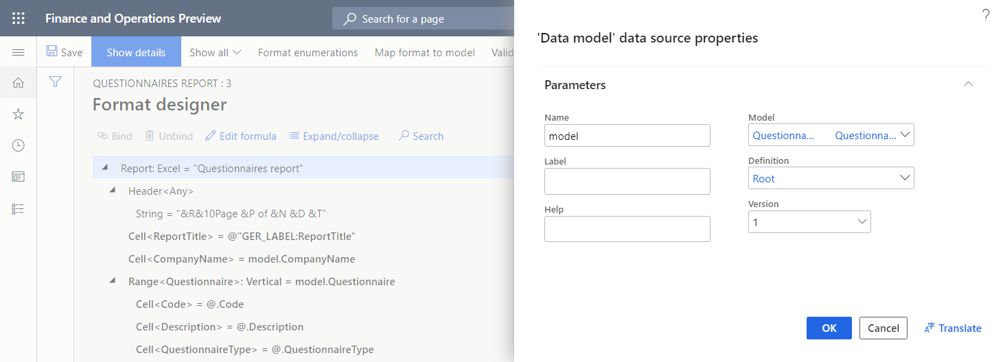 Egenskaber for modeldatakilden i ER-operationsdesigneren.