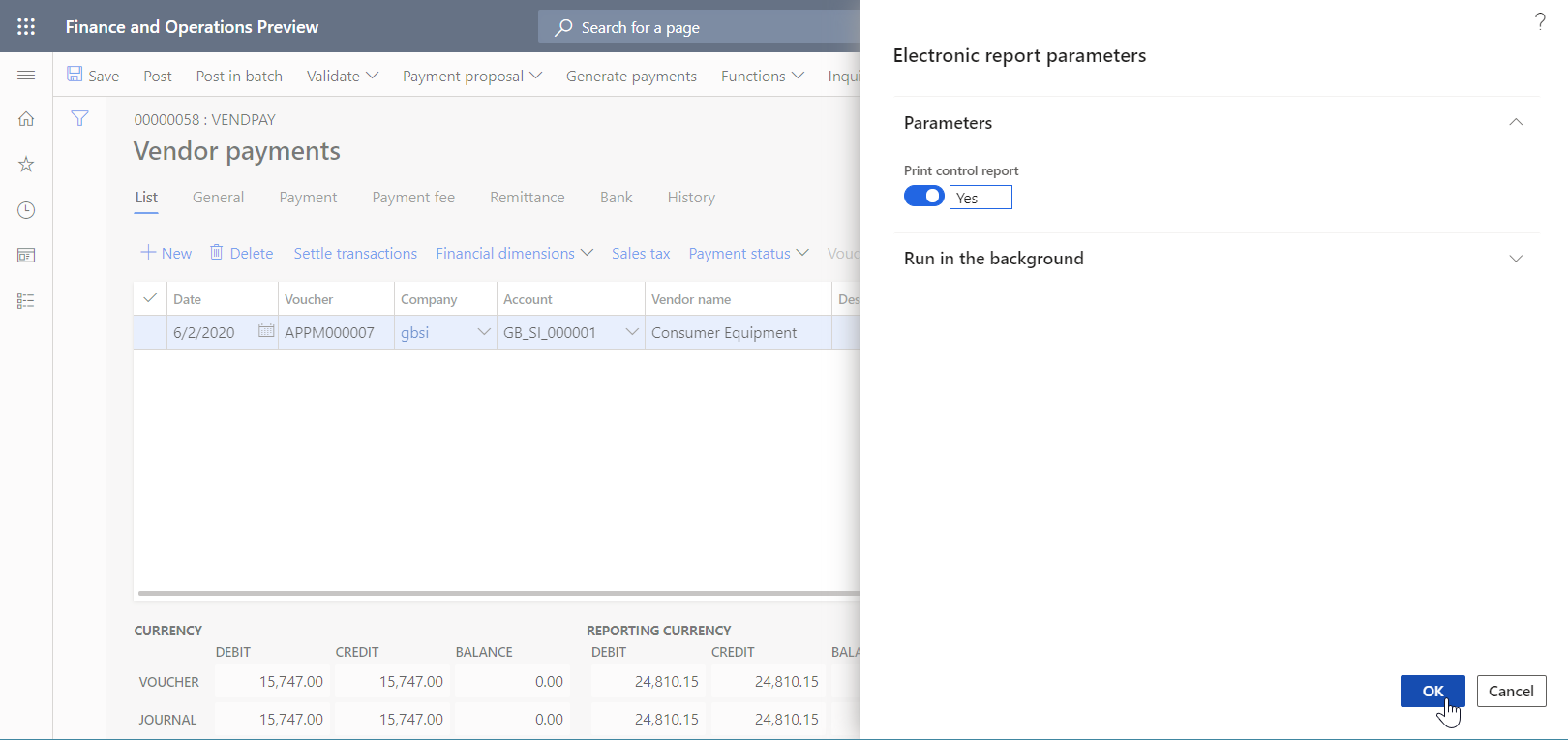 Siden med dialogboksen Parametre til elektronisk rapportering.