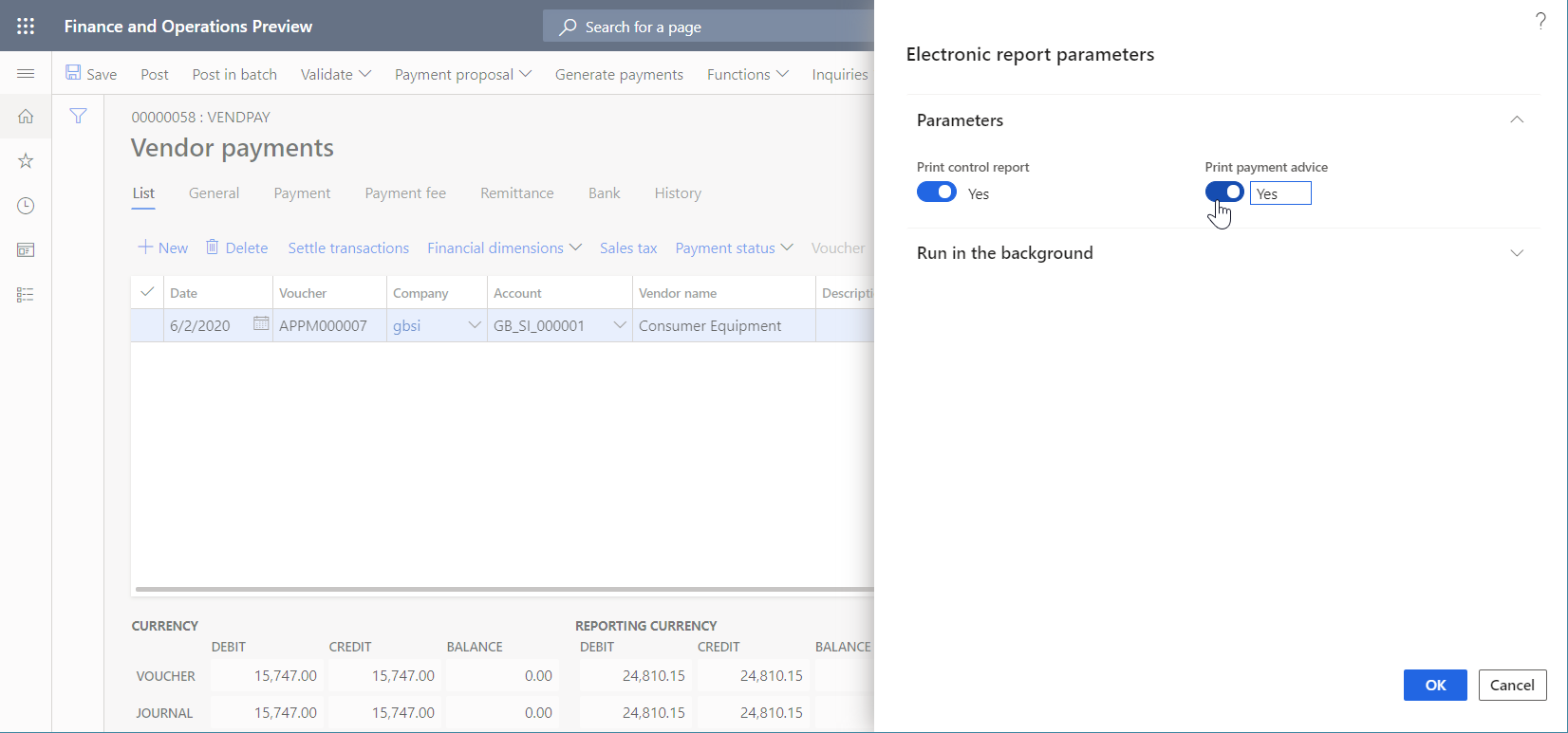 Dialogboksen Parametre til elektronisk rapportering.