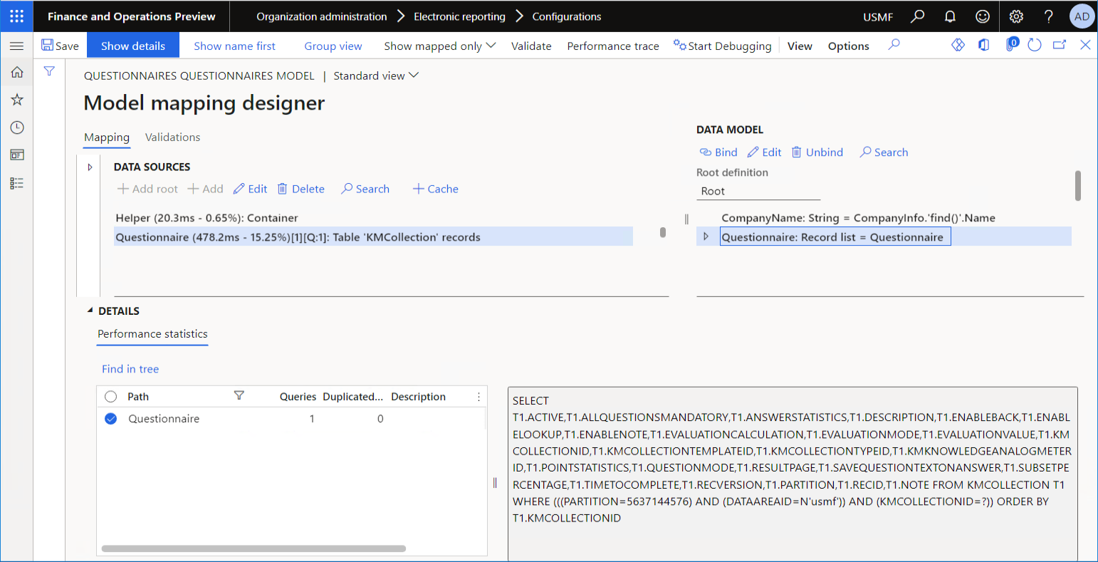 Gennemgå oplysningerne i databaseforespørgslen på siden Designer for modeltilknytning.