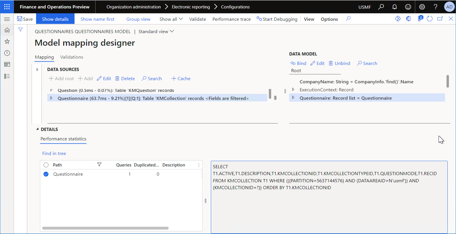 Gennemgå oplysningerne i databaseforespørgslen for den opdaterede modeltilknytning på siden Designer for modeltilknytning.