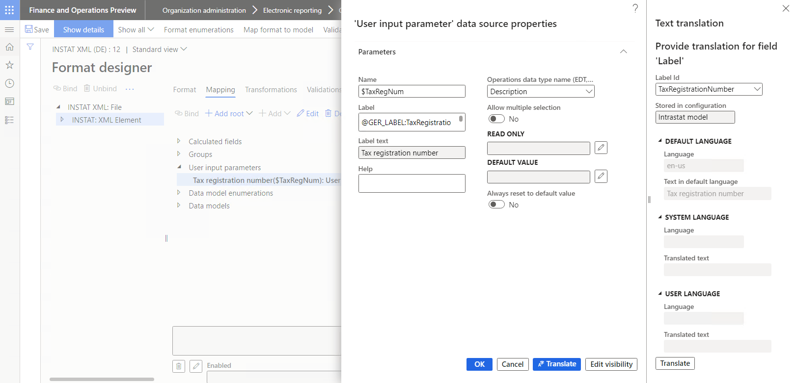 Egenskaberne for en datakilde af typen BRUGERINPUTPARAMETER i dialogboksen på formatdesignersiden.