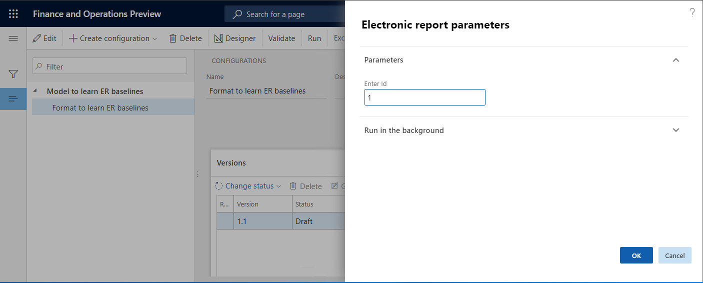 Dialogboksen Parametre til elektronisk rapportering.