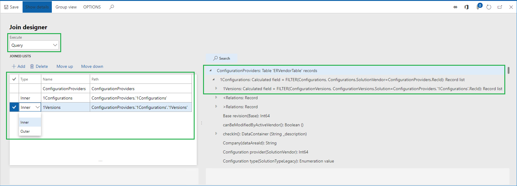 Side med JOIN-parametre for datakilde.