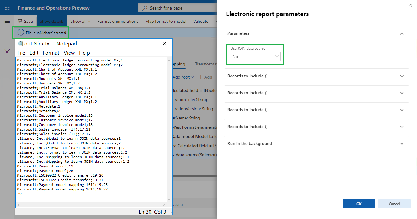 Genereret fil med elektroniske rapportparametre, der ikke bruger JOIN-datakilde.