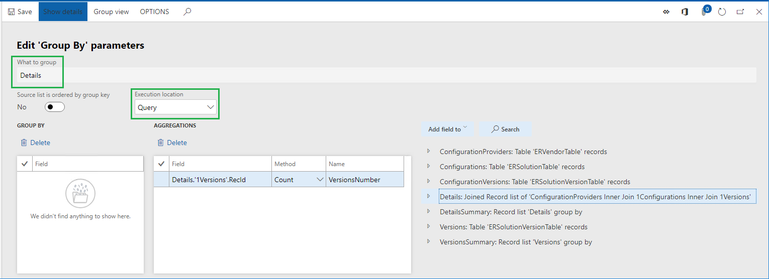 Siden med GROUPBY-parametre for datakilde.