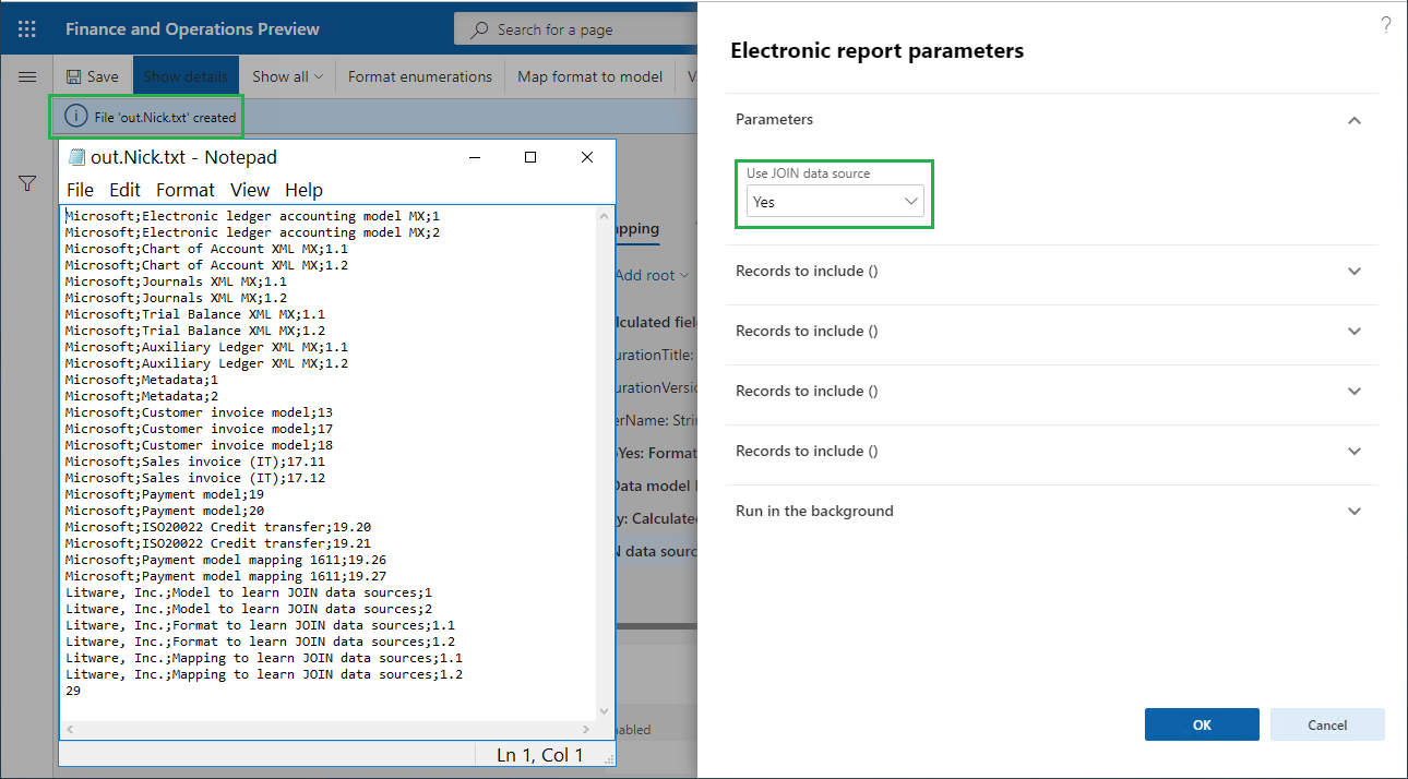 Genereret fil med elektroniske rapportparametre, der bruger JOIN-datakilde.