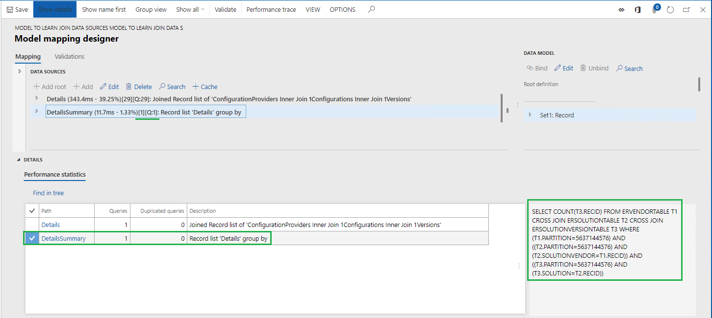 Side for ER-modeltilknytningsdesigner, der viser programdatabasekald.