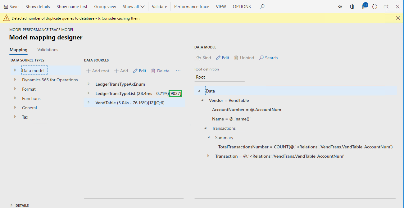 Modeltilknytningsdesigner i RCS, der viser 9.027 kald til datakilden.