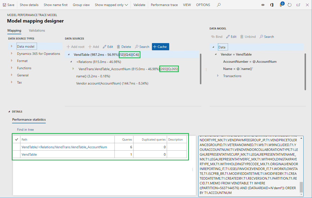 Spore oplysninger for VendTable-datakilde i RCS på siden Modeltilknytningsdesigner.