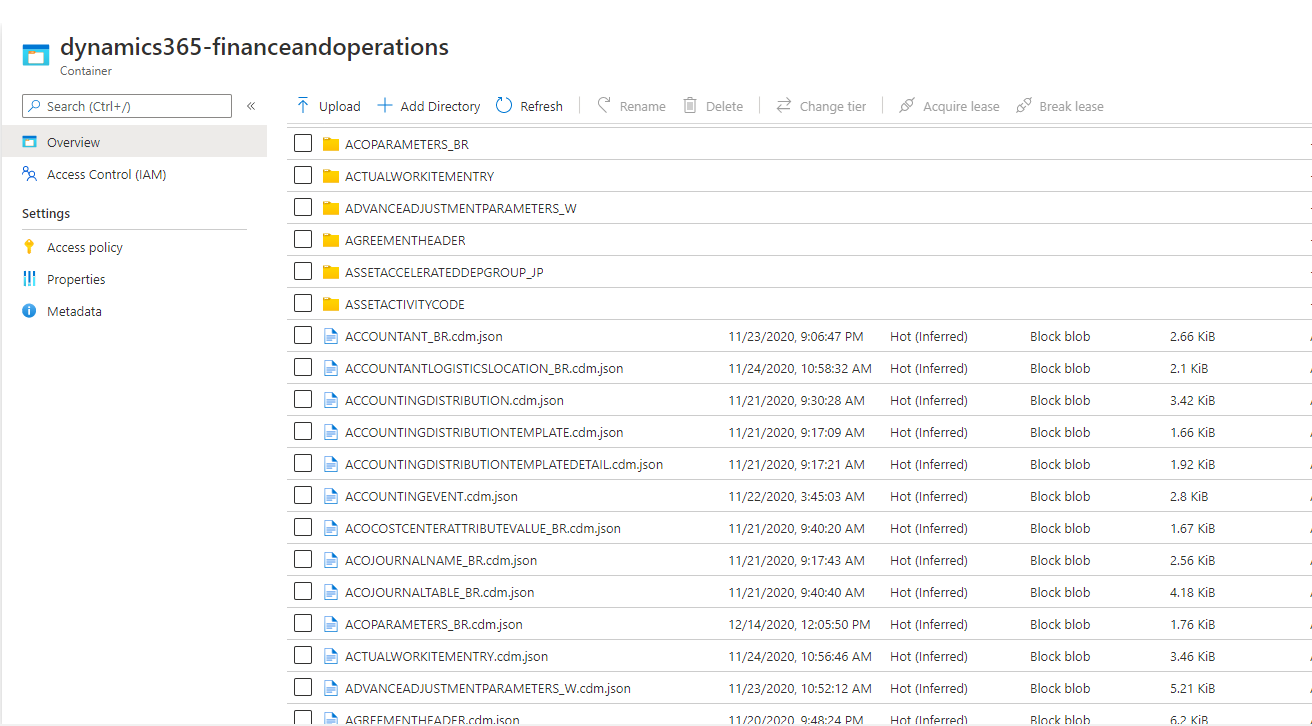 Folders and CDM metadata files in the Change feed folder.