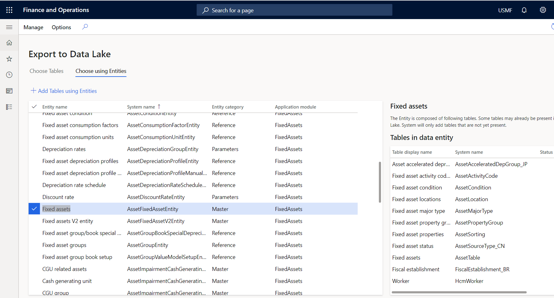 Selecting tables by using entities.