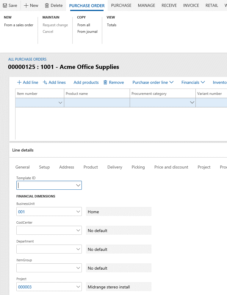 Default dimensions copied to a document line (purchase order line).