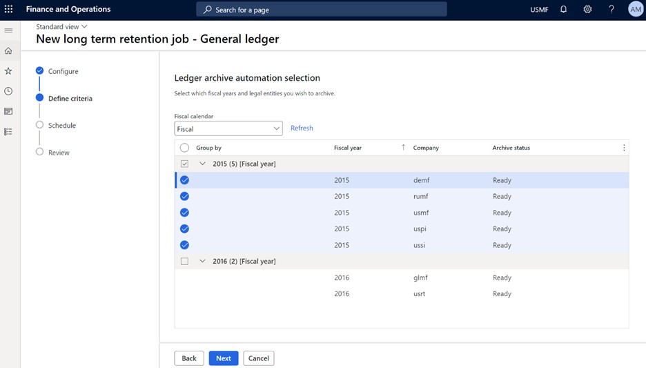 Schedule New long term retention job - General ledger.