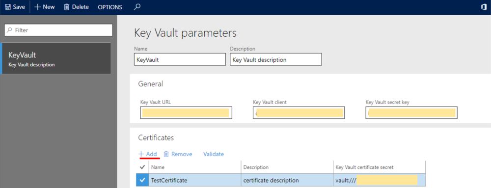 Siden Key Vault-parametre.